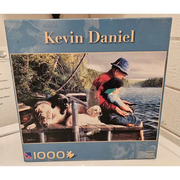 Kevin Daniel "Memories" 1000 Piece Jigsaw Puzzle, Complete, Grandpa Fishing Dogs - Picture 1 of 3